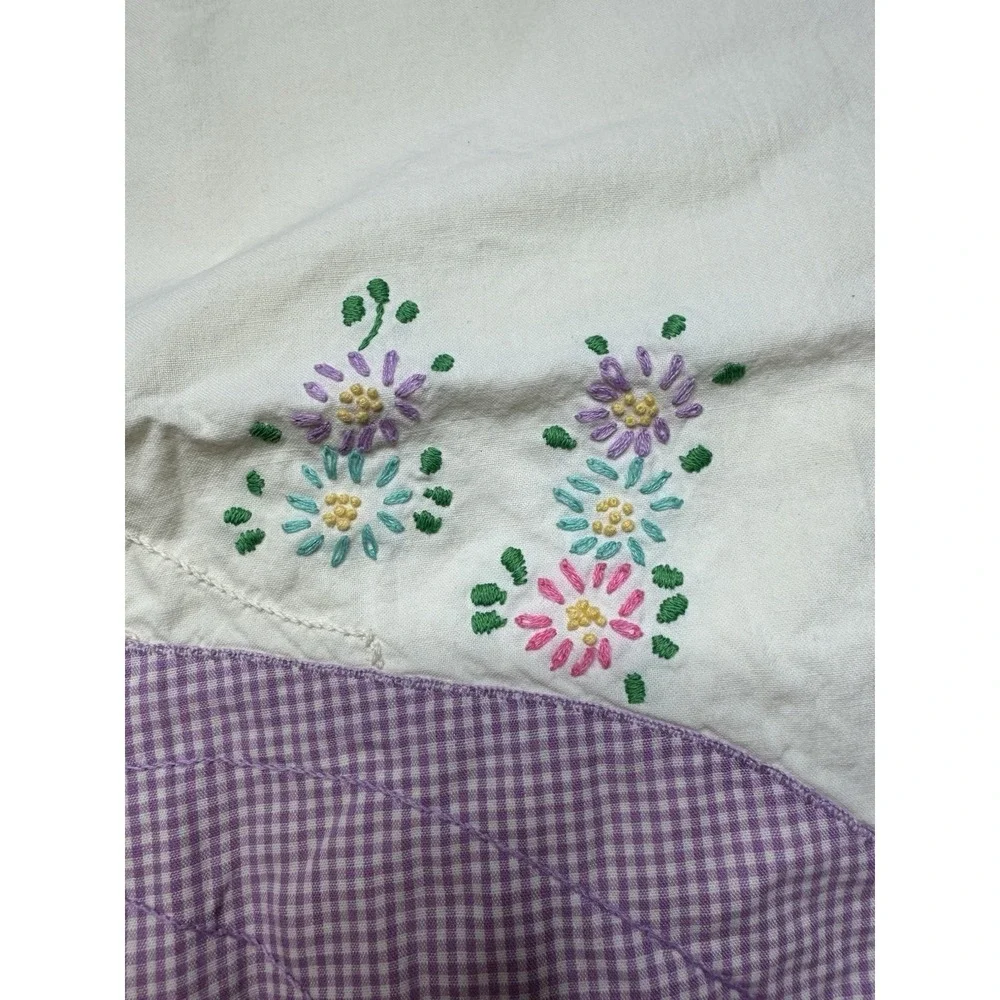 Vintage Hand Embroidered Pillowcase Purple Ruffle Trim Southern Girl (1) Flaw